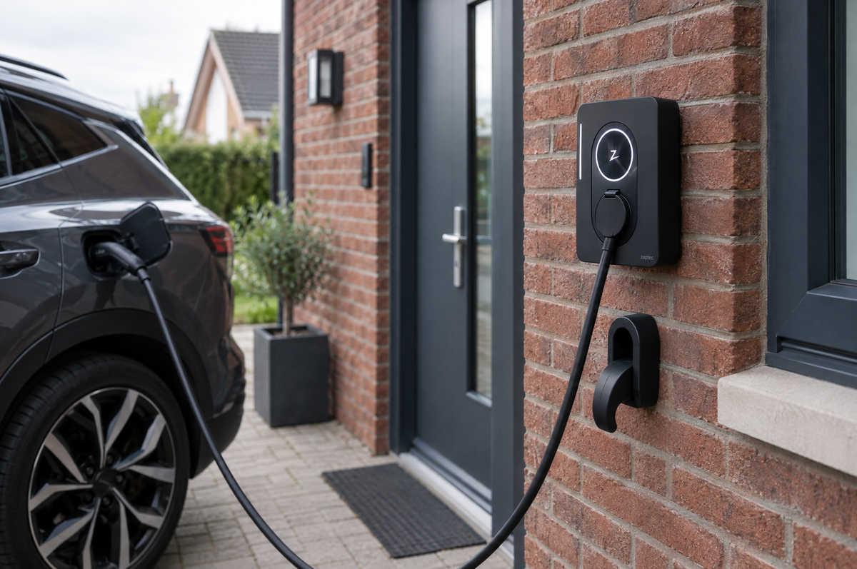 Laadpaal aan de gevel van een woning, met een elektrische auto aan de lader