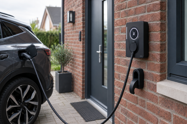 Laadpaal aan de gevel van een woning, met een elektrische auto aan de lader