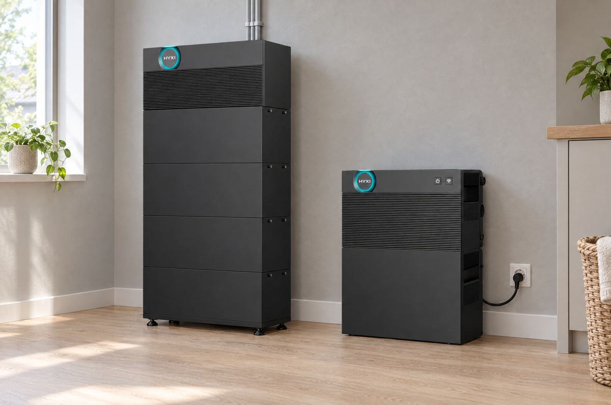 Een plug-and-play thuisbatterij en een vaste thuisbatterij naast elkaar in een woning