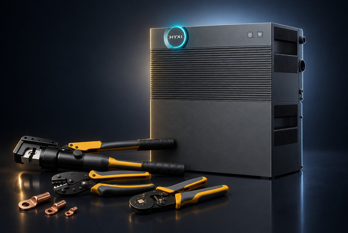 Plug-and-play thuisbatterij met drie krimptangen en koperen kabelschoenen ervoor