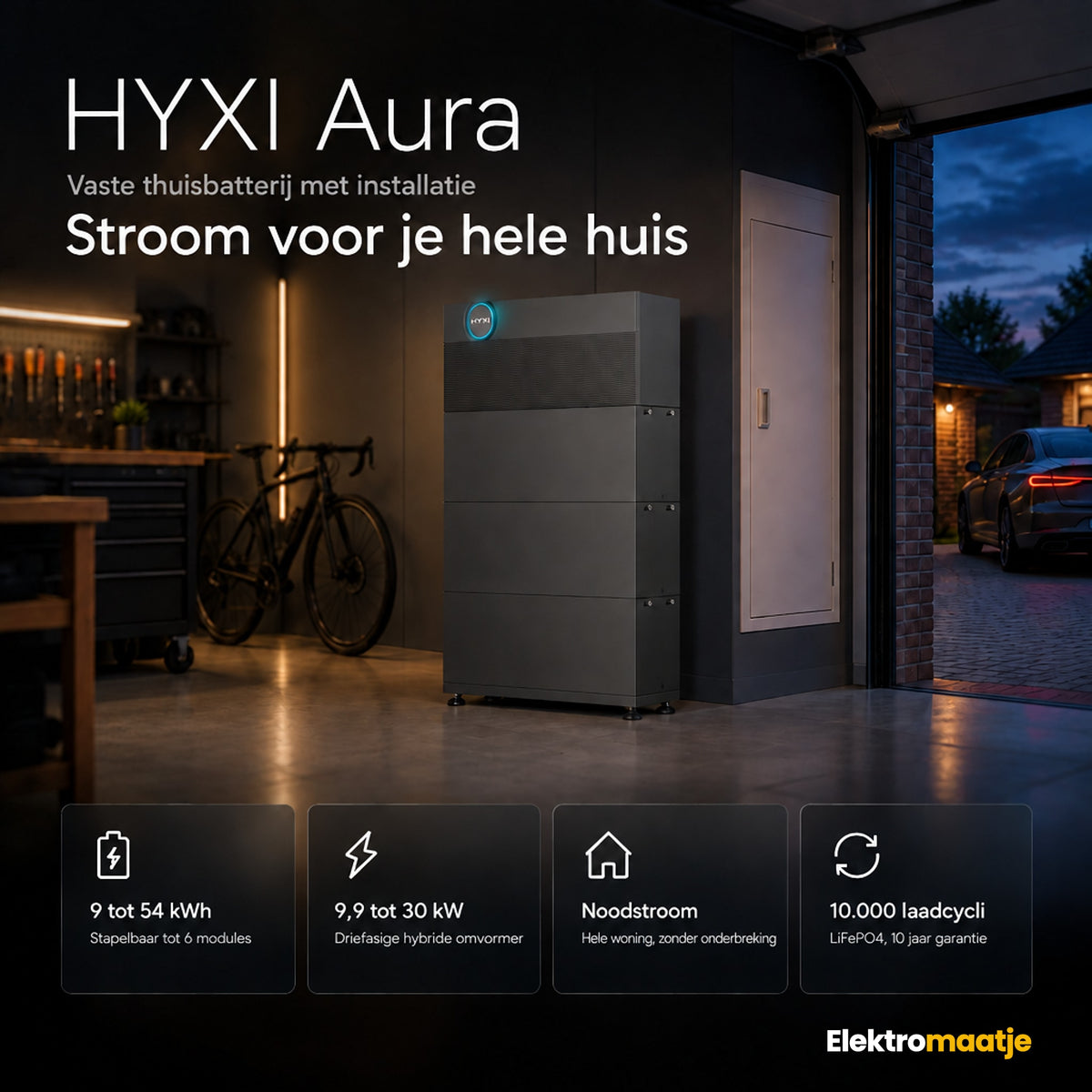 HYXI Aura in cijfers: 9 tot 54 kWh, 9,9 tot 30 kW driefasig, noodstroom voor de hele woning, 10 jaar garantie