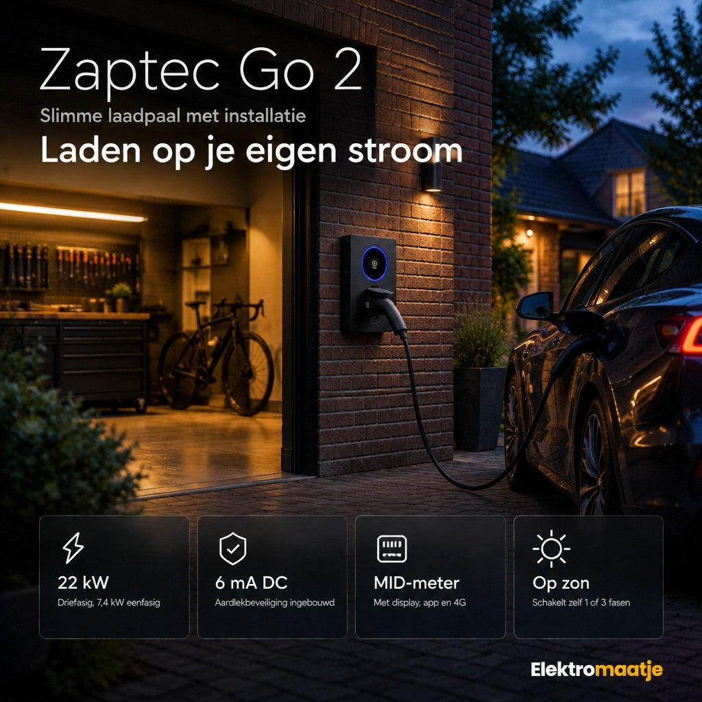 Zaptec Go 2 in cijfers: 22 kW, 6 mA DC-aardlekbeveiliging ingebouwd, MID-meter, laadt op zon